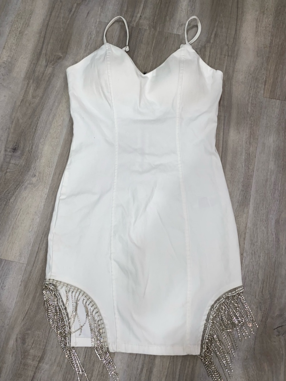 Haute Monde White Spaghetti-Strap Dress with Beaded Fringe
